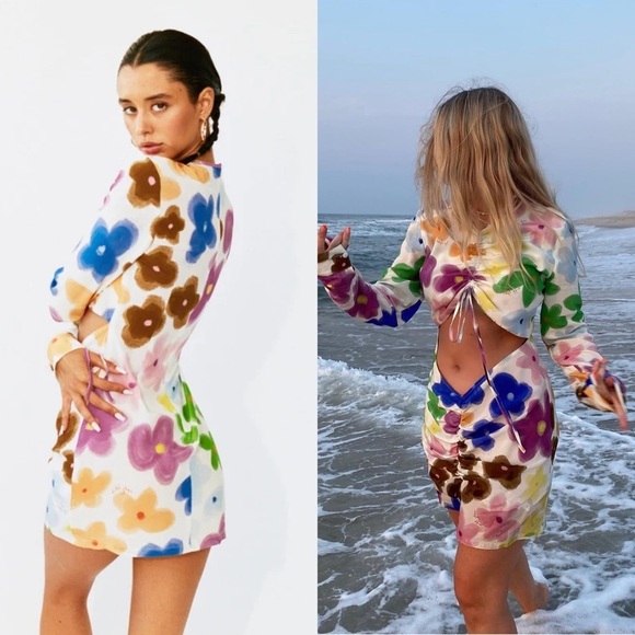 WITH JEAN Floral Print Long Sleeve Cutout Ruched Tie Front Bodycon Mini Dress S - Picture 4 of 16